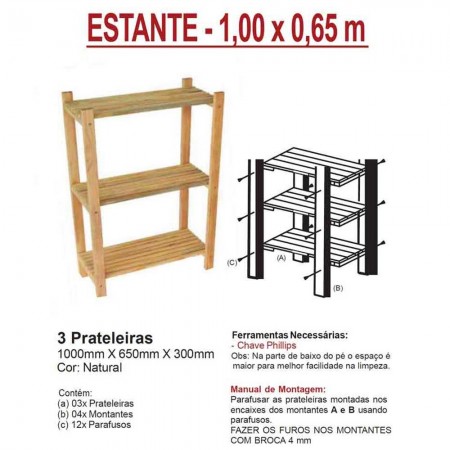 Estante de Madeira Pinus - 100x65x30cm - ESEG